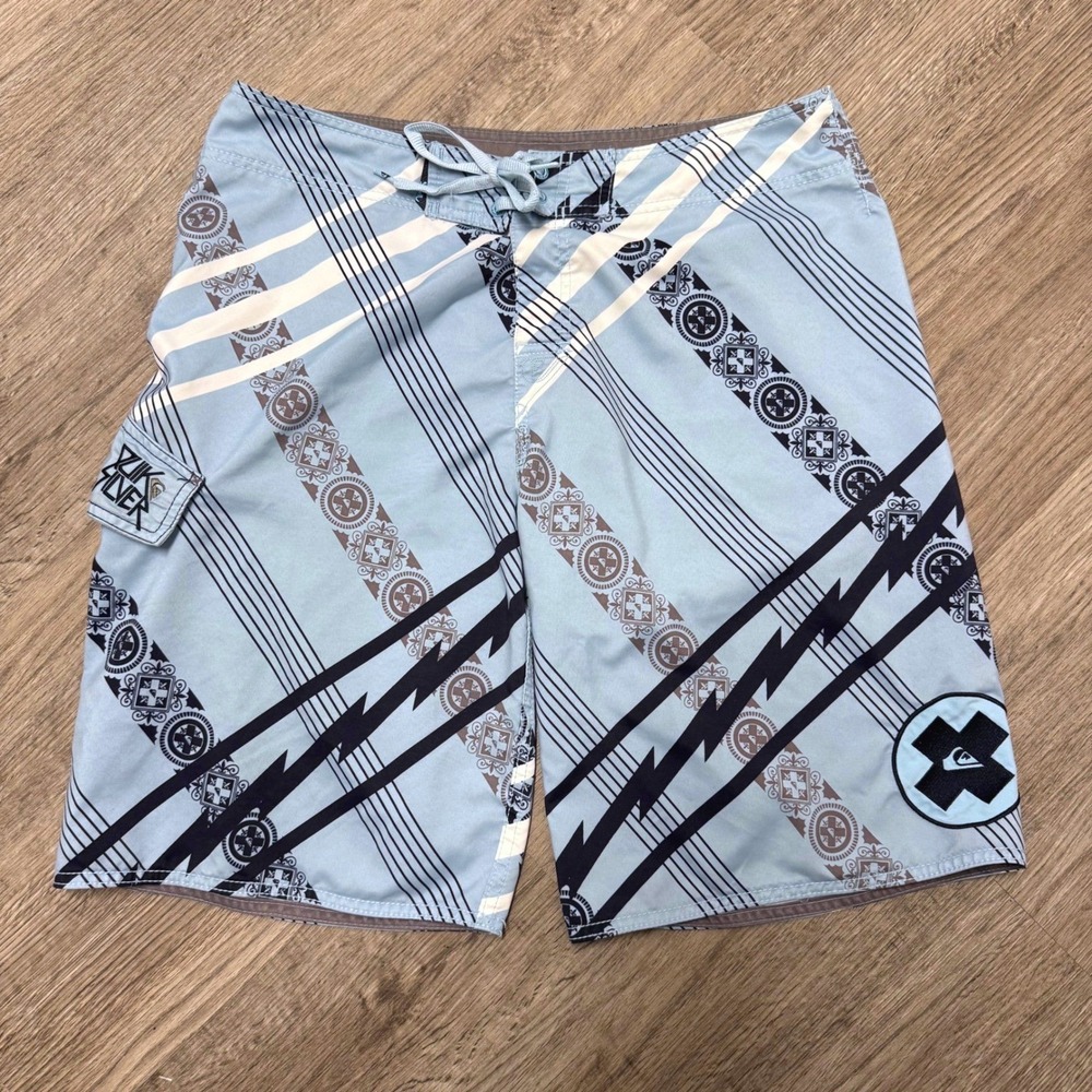 Vtg Y2K Quiksilver Men Board Shorts Surf Blue Graphic Print Swim Trunks Size 36